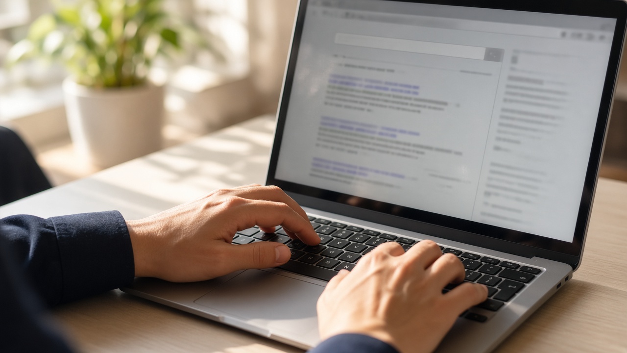 Hands on a laptop in a sunlit office, search results blurred on the screen.