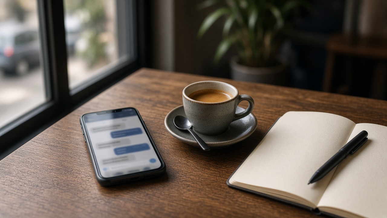 Cafe table with a phone, espresso, and notebook in window light.