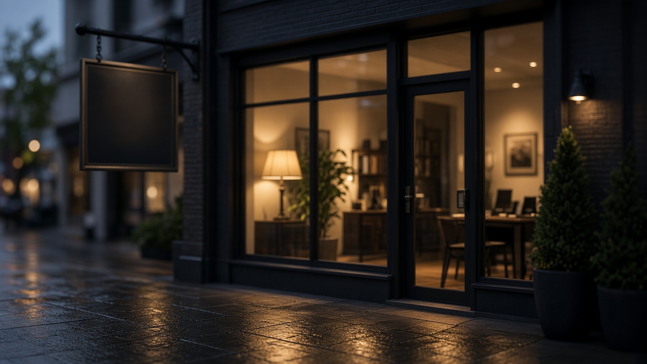 Evening storefront with warm light on the glass and a wet sidewalk.