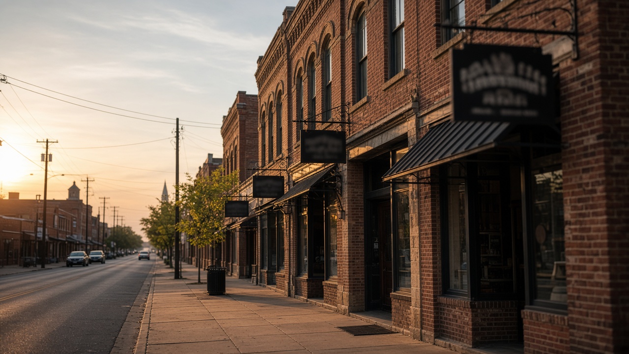 Small-city Texas main street with brick storefronts in late afternoon light.