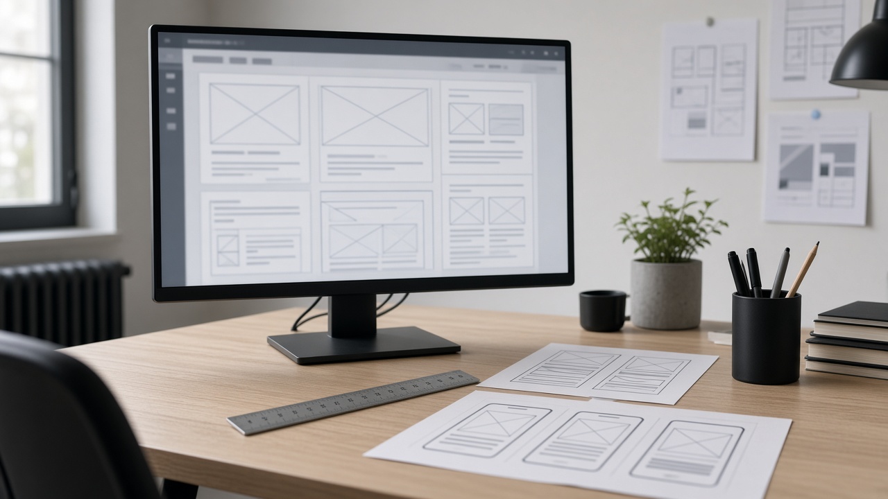 Designer desk with a large monitor showing a blurred website wireframe.